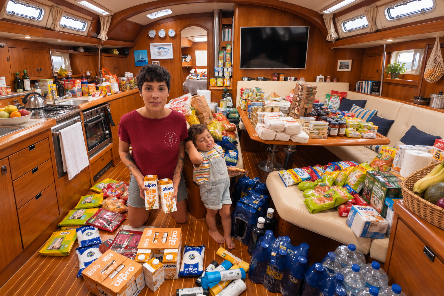 Provisioning the sailboat cabin before the Atlantic crossing