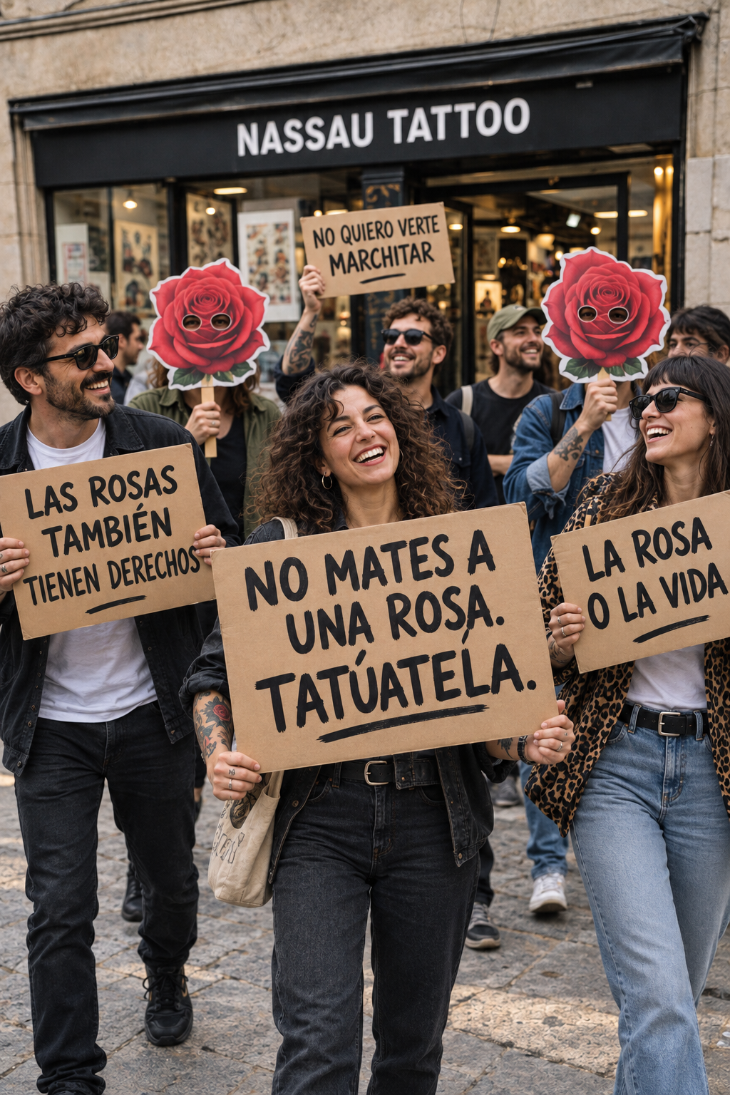 Visualisation of a rose protest outside Nassau Tattoo