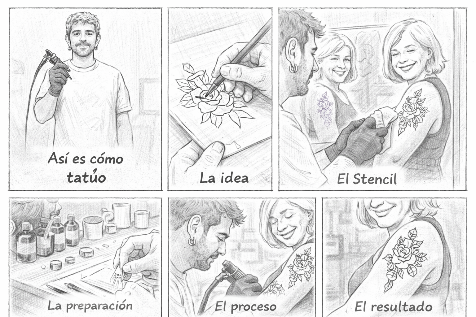 Six-panel storyboard for the From paper to skin format