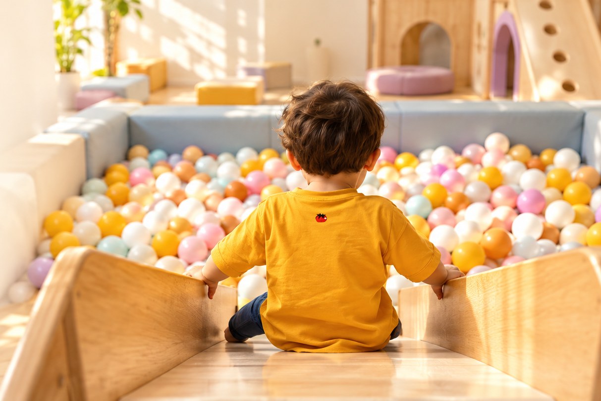 Peques por Madrid: a child at the top of a slide beside a ball pit